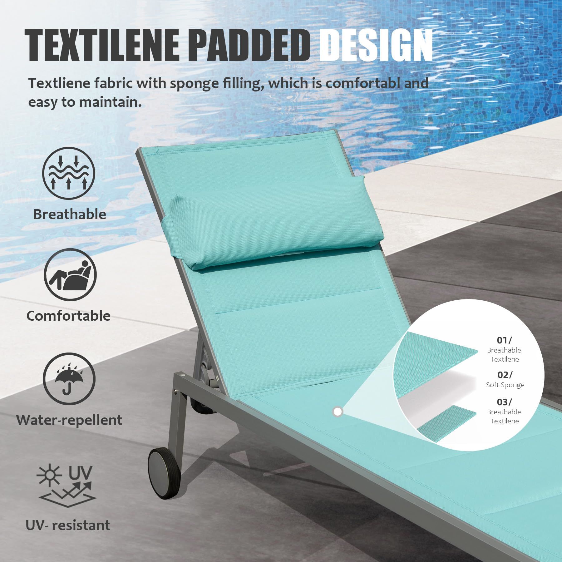 Outdoor Patio Chaise Lounge Set of 3, Aluminum Pool Lounge Chairs with and Wheels, Textilene Padded Adjustable Recliner All Weather for Poolside, Beach, Yard, Balcony (Lake Blue) Doba